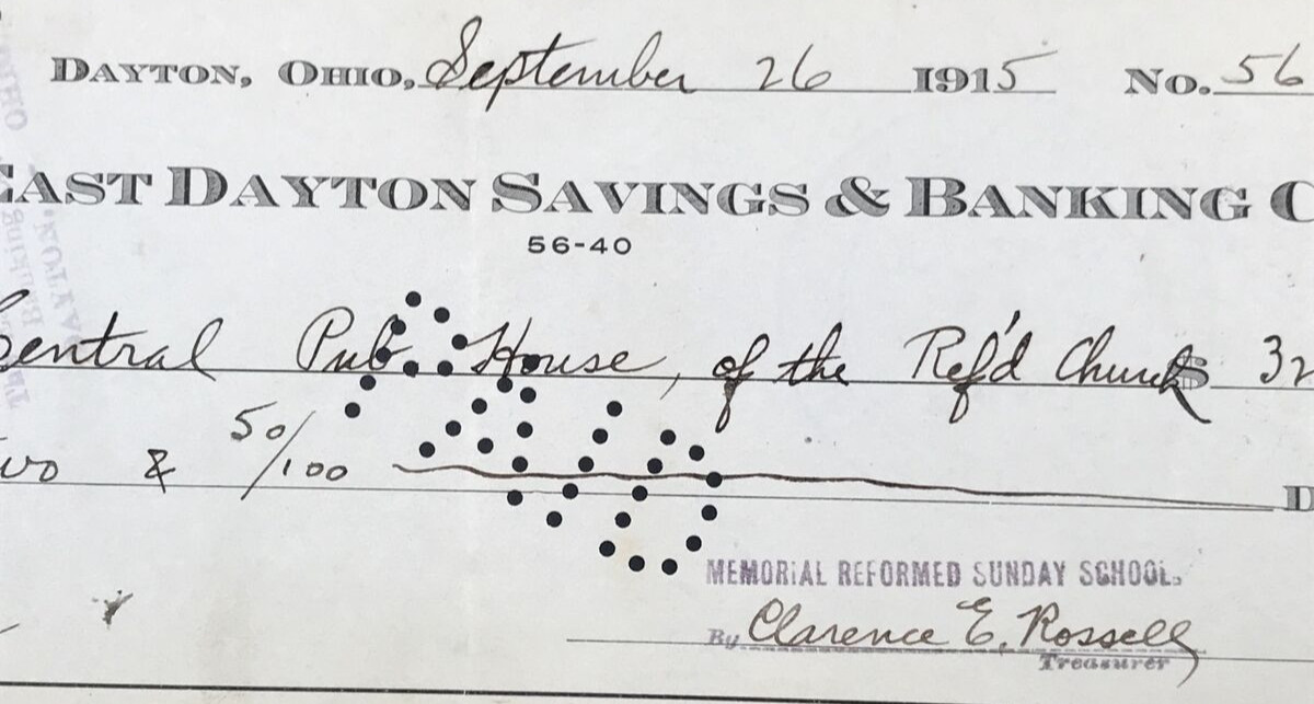 1915 East Dayton Savings & Banking Dayton OH Cancelled Check Memorial Reformed