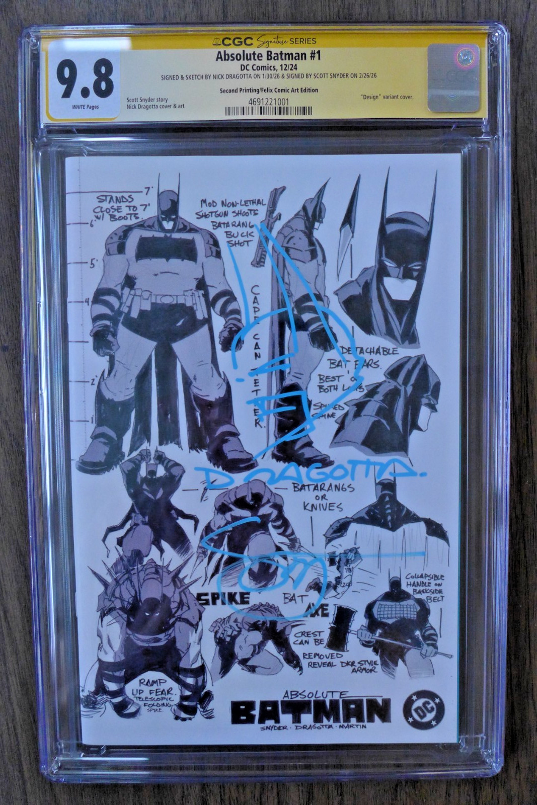 Absolute Batman 1 Dragotta Felix Design Signed Snyder Dragotta Sketch CGC 9.8
