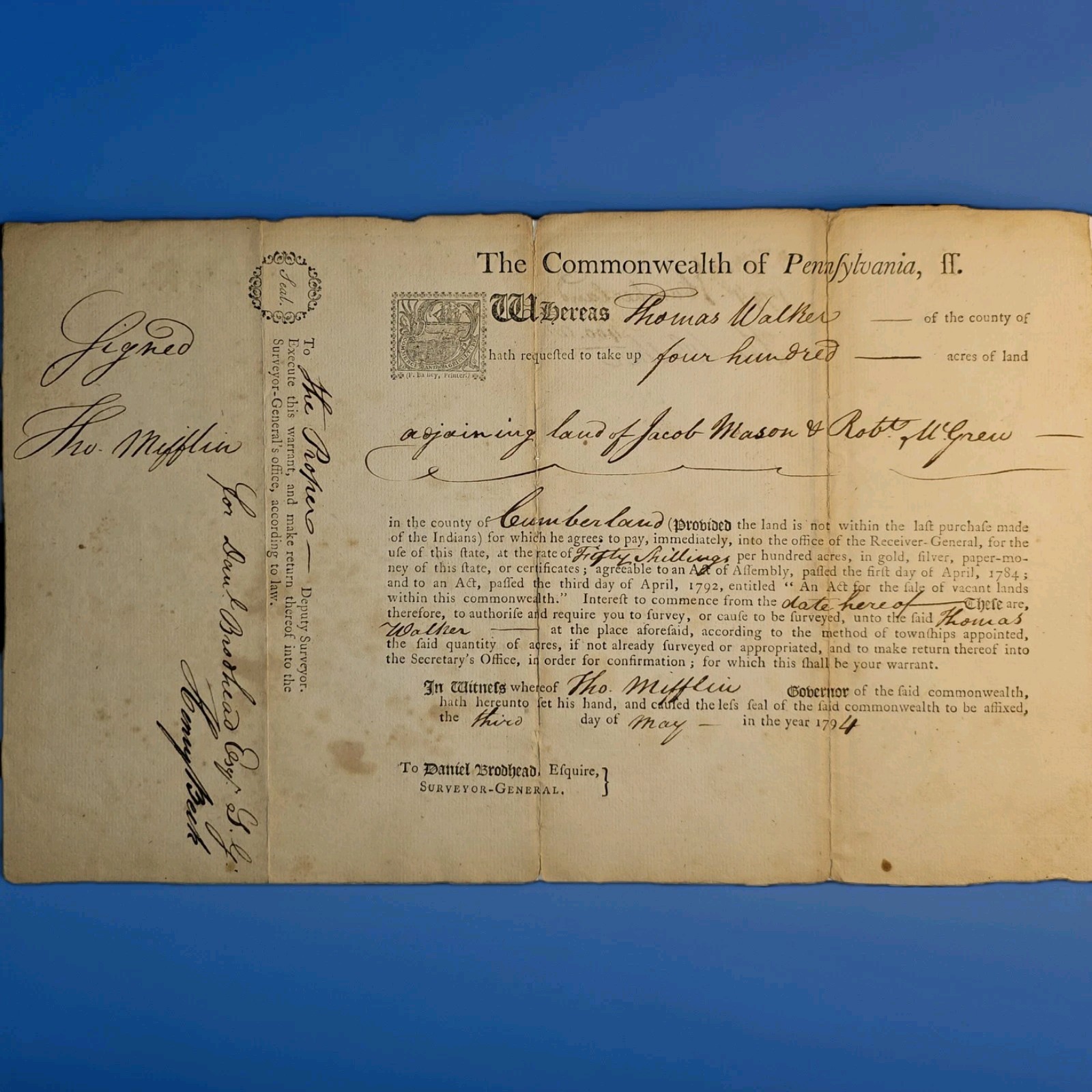 1794 Thomas Mifflin, Founder (Constitution Signer) PA Land Warrant, Walker, Beck
