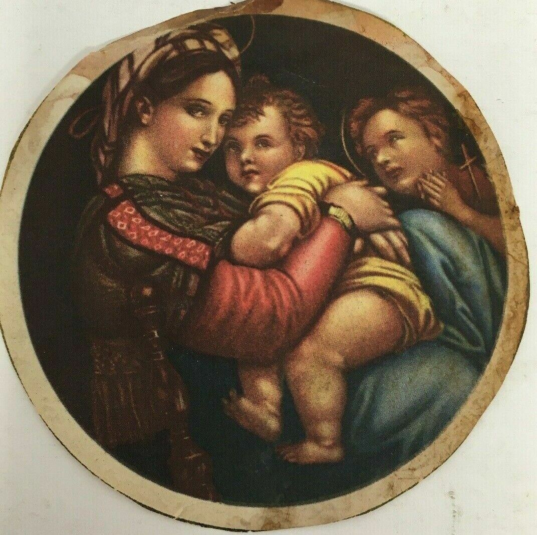 Antique Religious Label Baby Child Women Round