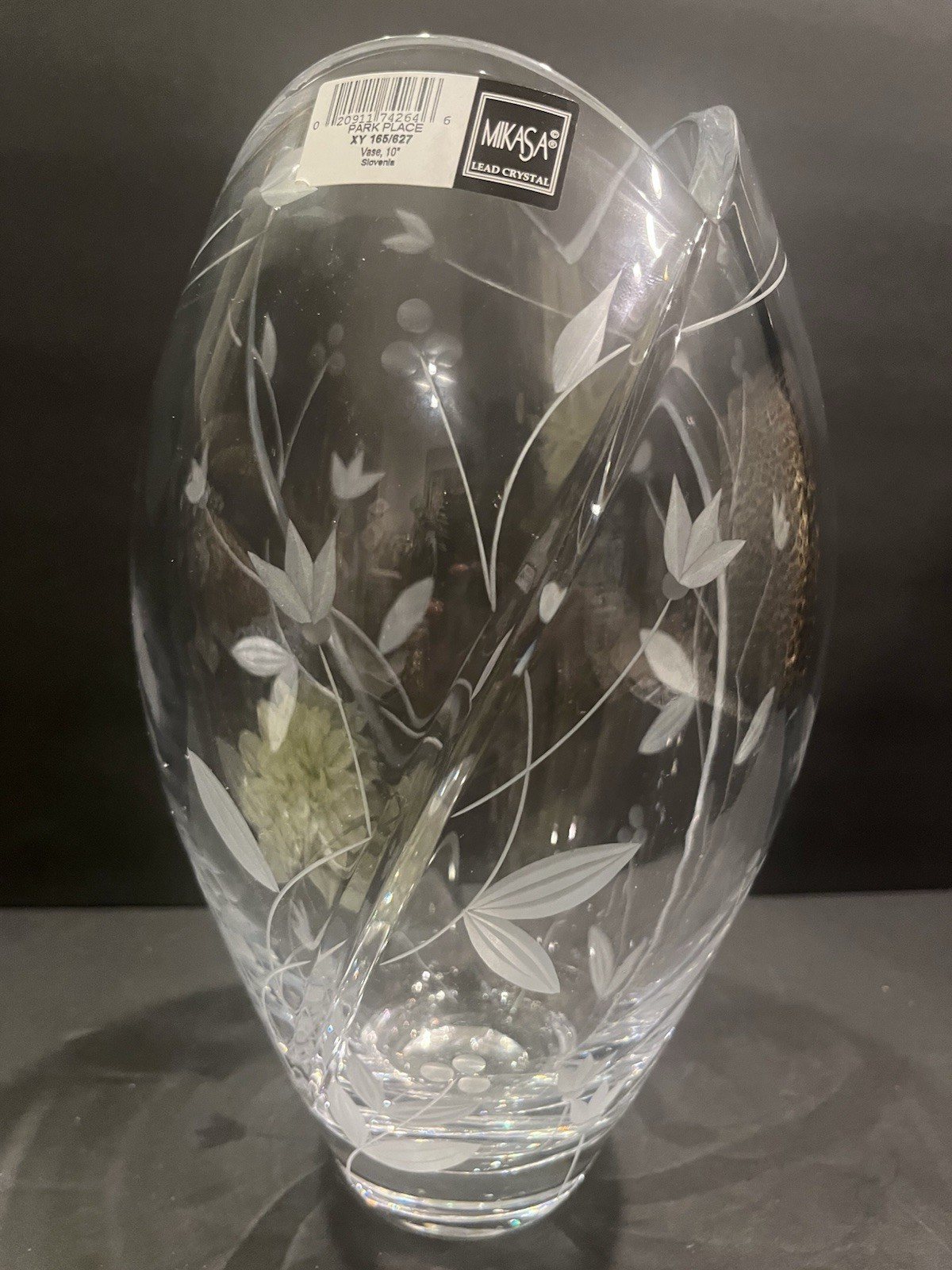 Mikasa Lead Crystal Park Place Engraved Tulip Etched Vase 10” Tall HEAVY QUALITY