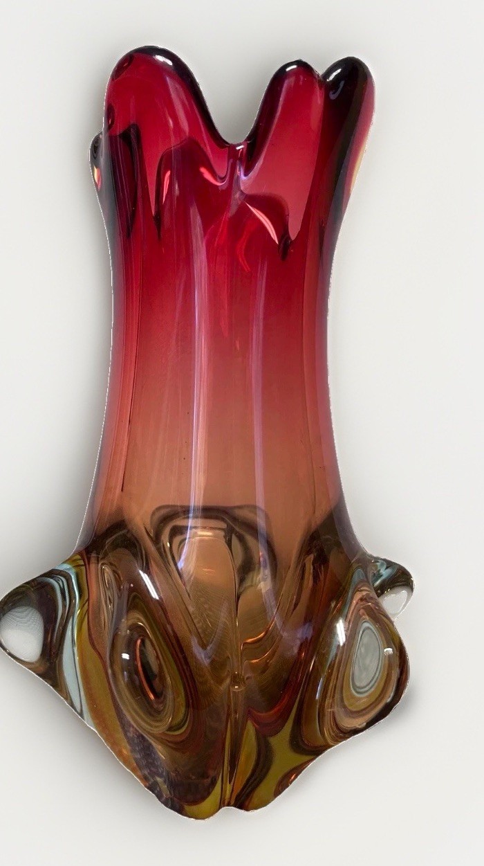 Vintage Murano Art Glass Vase Red Amber Gold Sommerso Italy Heavy MCM