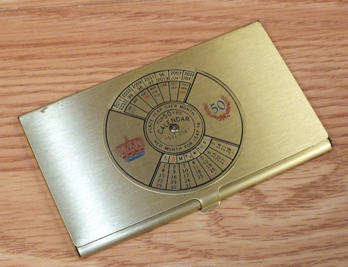 Vintage 1992-2041 50 Years Calendar Collectible Brass Tone Business Card Holder Vintage 1992-2041 50 Years Calendar Collectible Brass Tone Business Card Holder