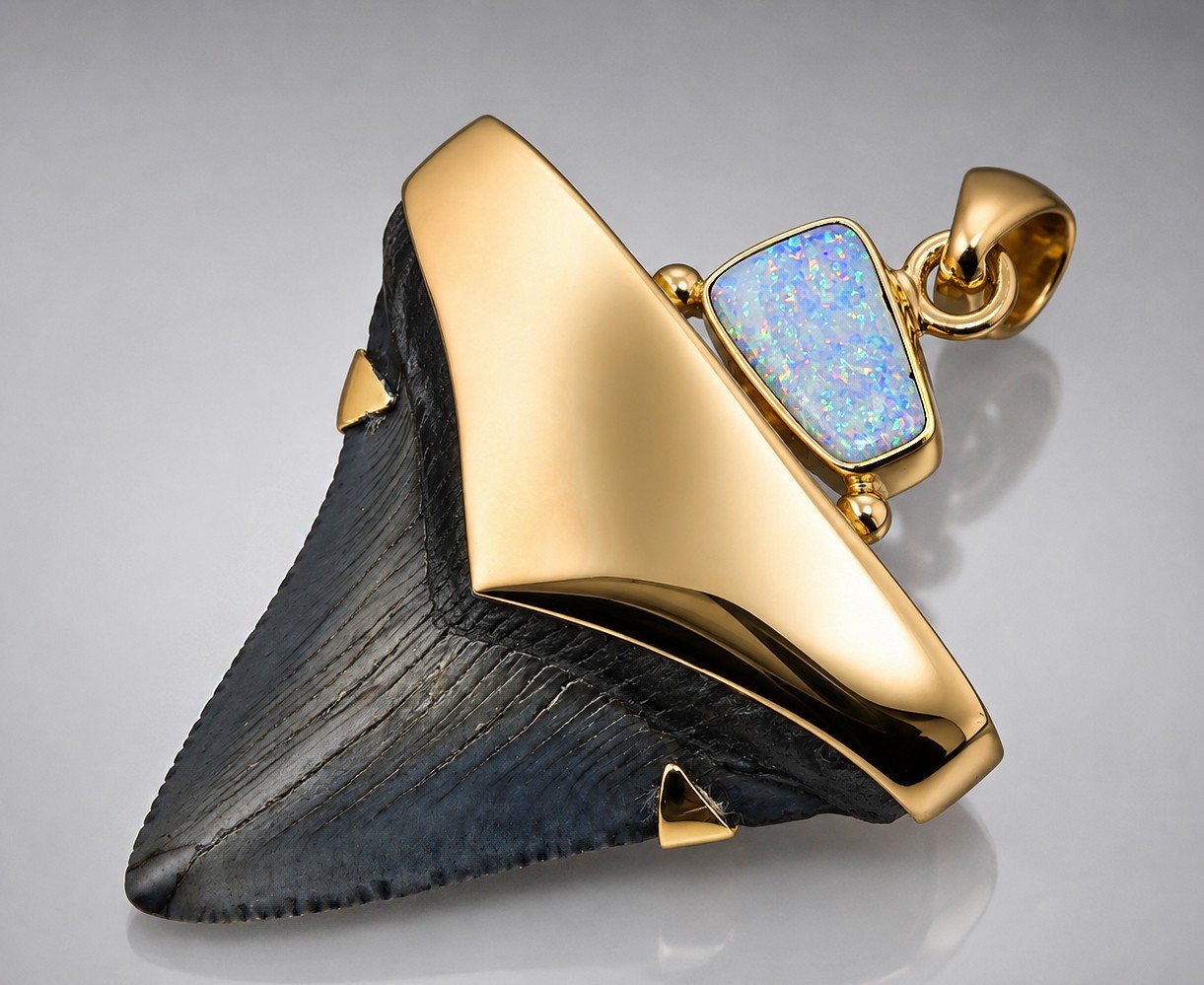Fossil Shark Tooth Pendant – Megalodon Tooth with 24 K Gold Over Sterling Silver