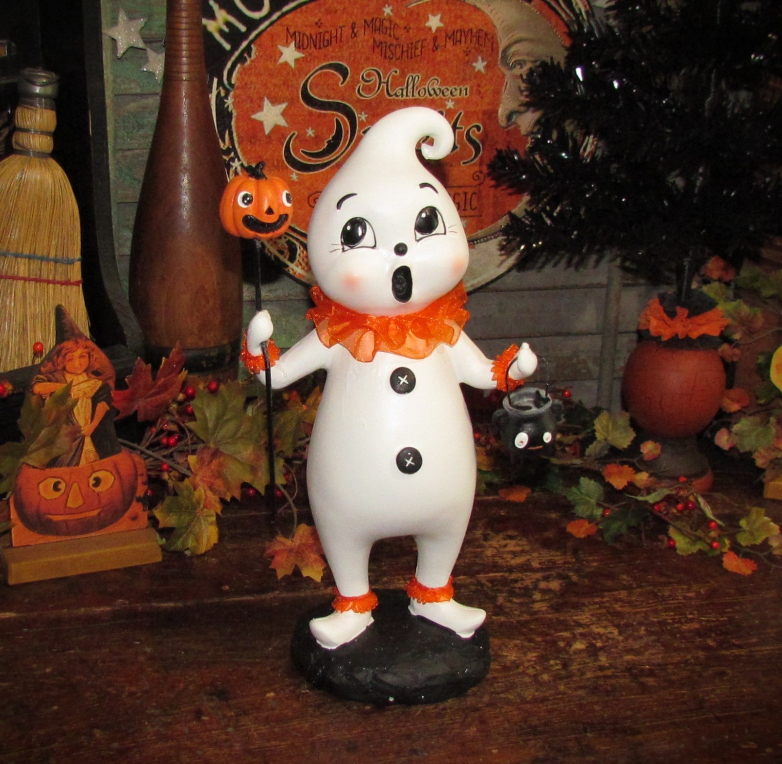 Ghoulish Halloween Ghost Boy Figurine Vintage Style Clown Ruffle Pumpkin Bucket
