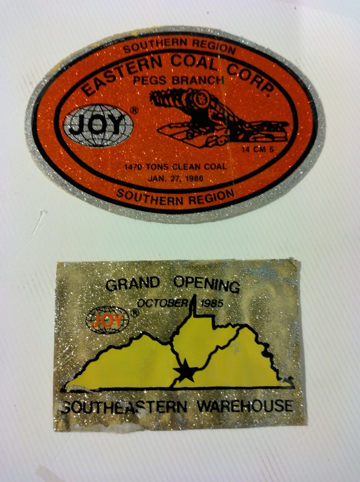 2 CRAZY RARE JOY MINING DECALS EASTERN COAL CO. PEGS BRANCH YELLOW GRAND OPENING