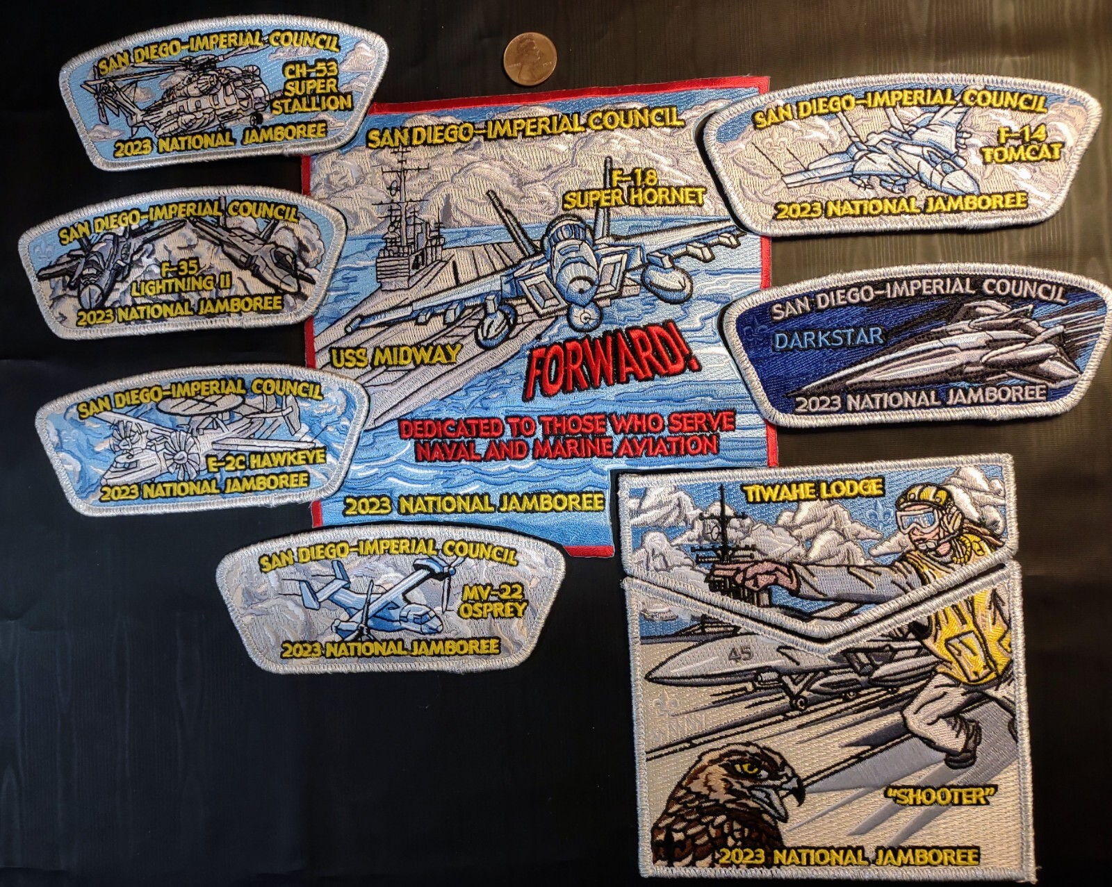 BSA SAN DIEGO-IMPERIAL OA TIWAHE 45 2023 JAMBOREE 9-PATCH AVIATION SMY 150 MADE