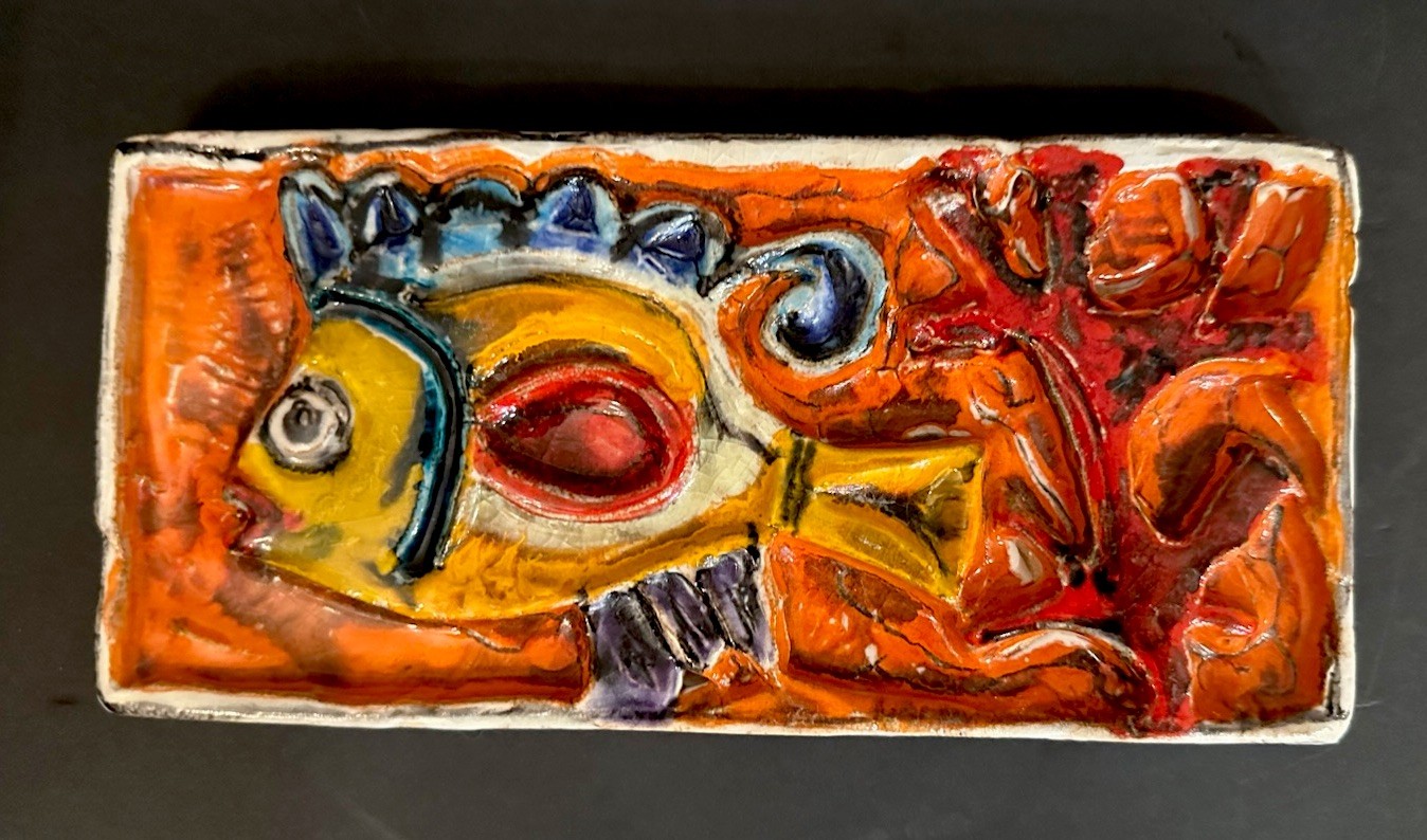 Vintage Giovanni DeSimone Art Pottery MCM Italy Retro Fish Plaque Orange Fine