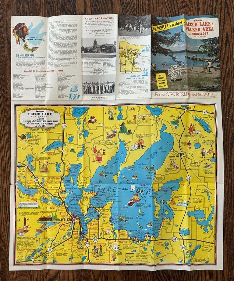 1959 LEECH LAKE MINNESOTA Walker PICTORIAL MAP Travel Brochure