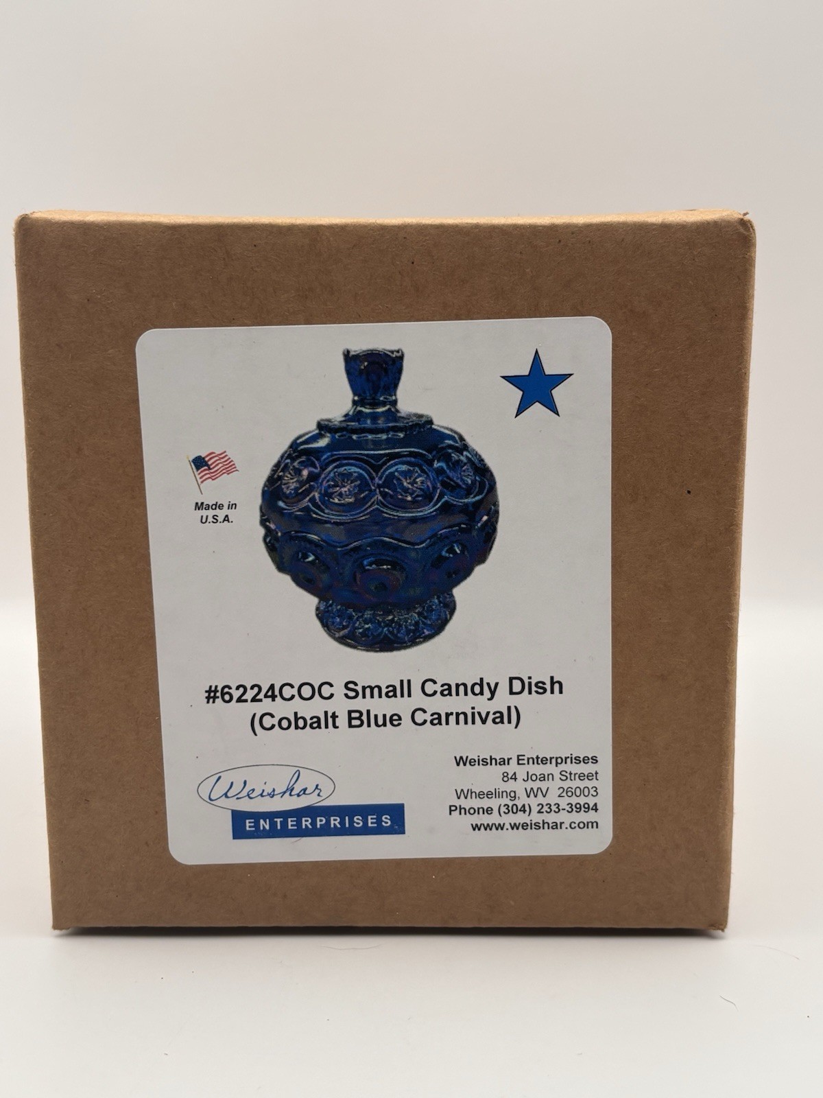 Weishar Moon and Star Cobalt Blue Carnival Glass Small Candy Dish New In Box NIB
