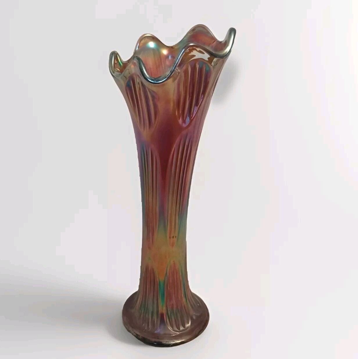 Antique Fenton Diamond and Rib Amethyst Carnival Glass CURVED vase 11\