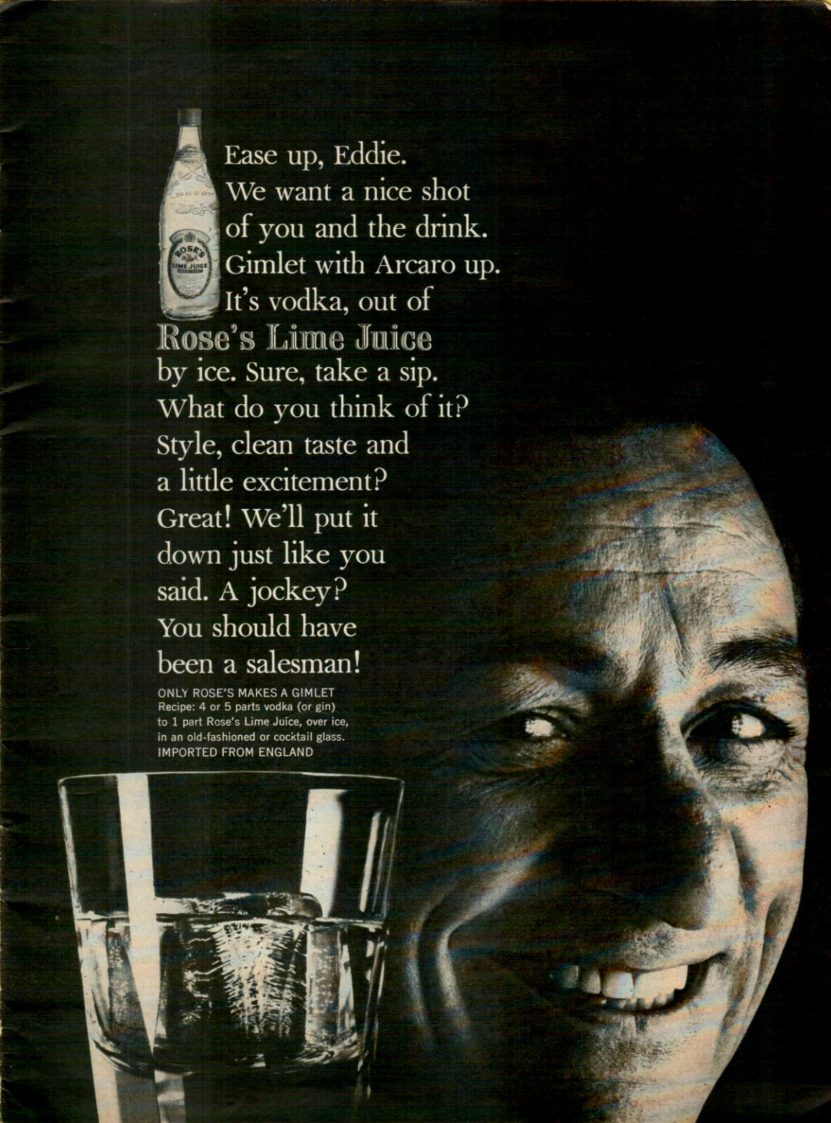 1962 Rose\'s Lime Juice Eddie Arcaro Horse Racing Jockey Gimlet VINTAGE PRINT AD 1962 Rose\'s Lime Juice Eddie Arcaro Horse Racing Jockey Gimlet VINTAGE PRINT AD