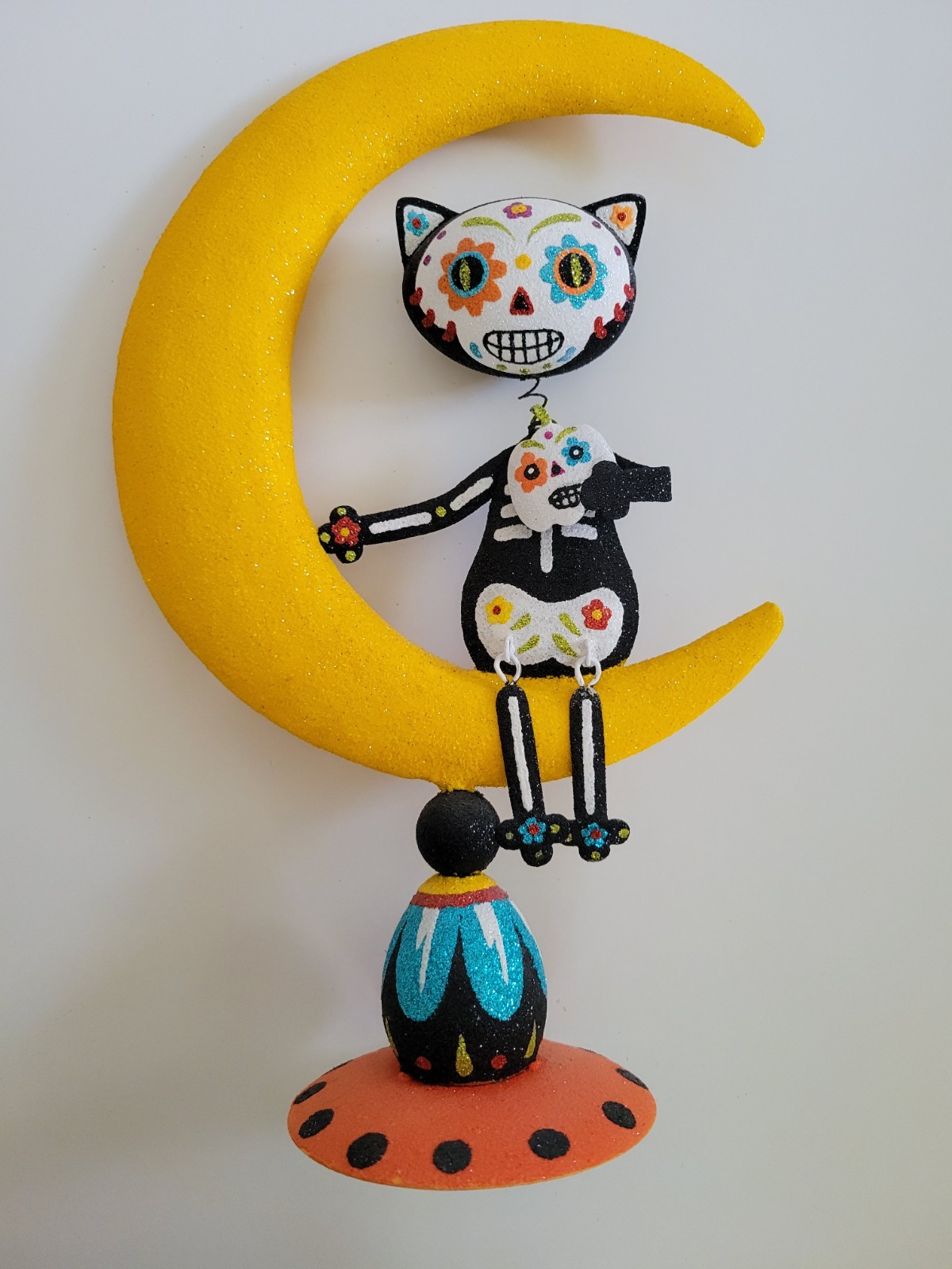 Vintage Pier 1 Halloween Cat DIA DE LOS MUERTOS Glitter Moon Sugar Skull 