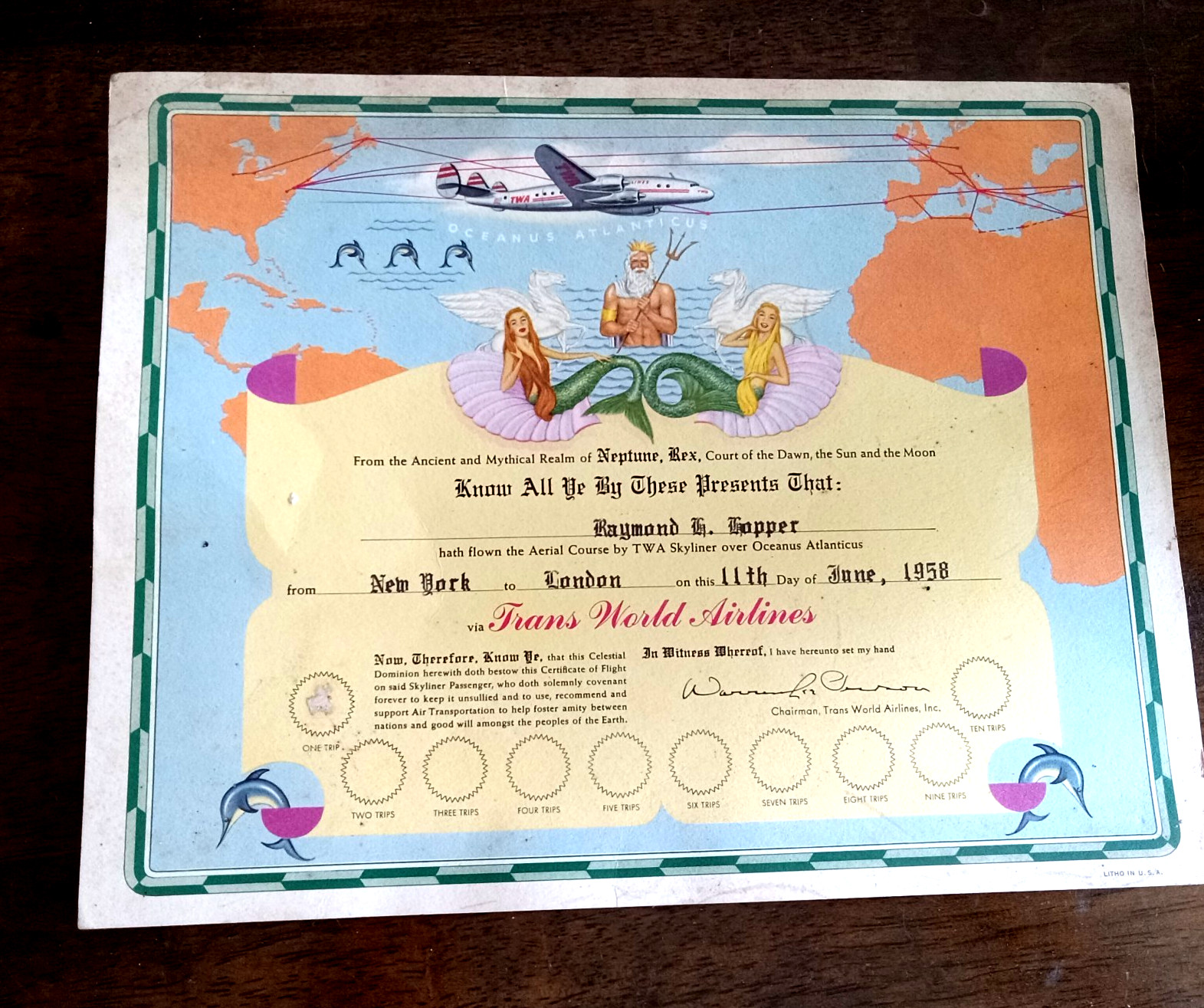 Original 1958 TWA TRANS WORLD AIRLINES Flight Certificate Neptune NY to London