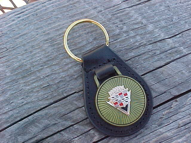 1947-48 Cadillac Crest NOS Leather Key Fob Antique Gold Medallion Unique Quality