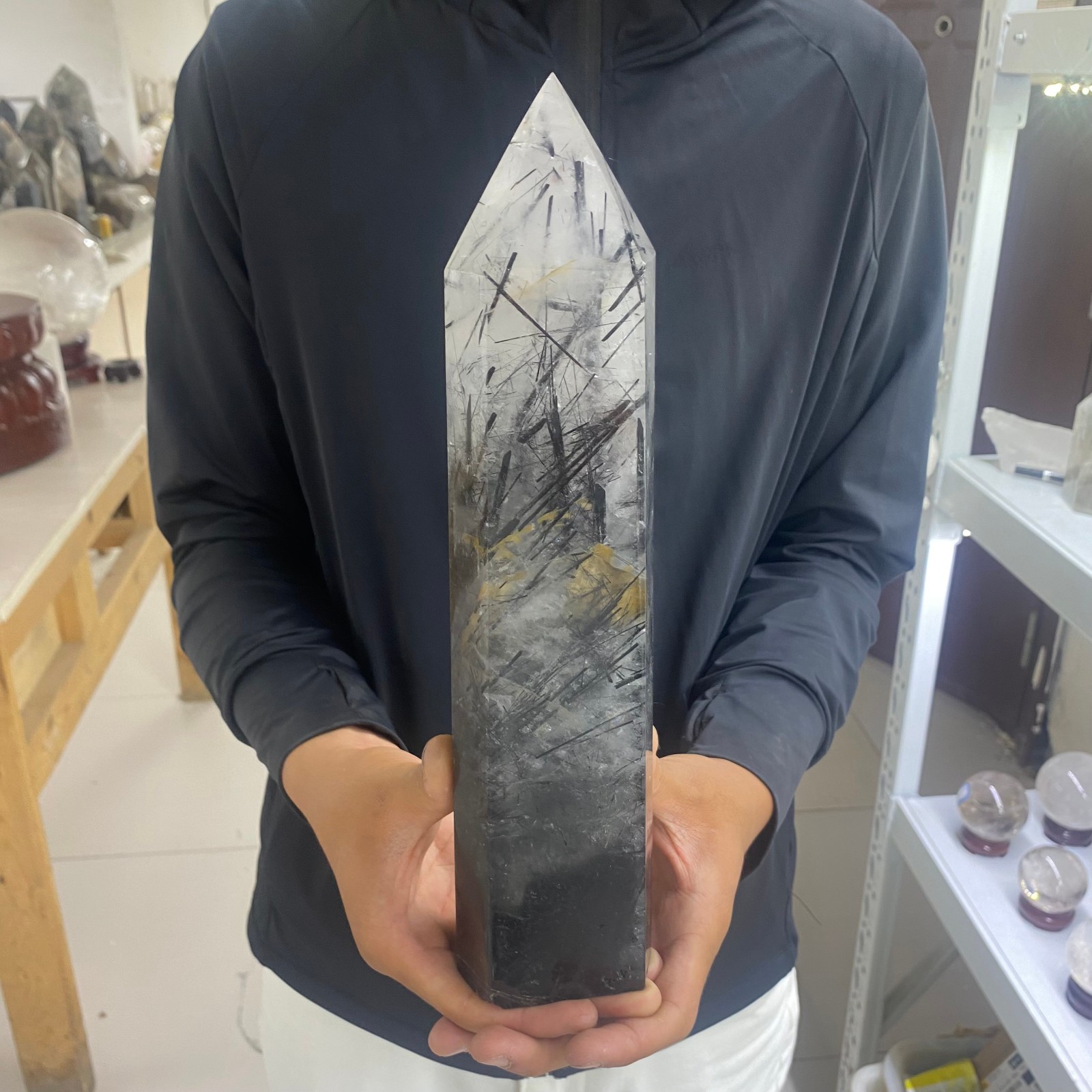 5.07LB  Natural black hair crystal, white crystal pillar, quartz crystal