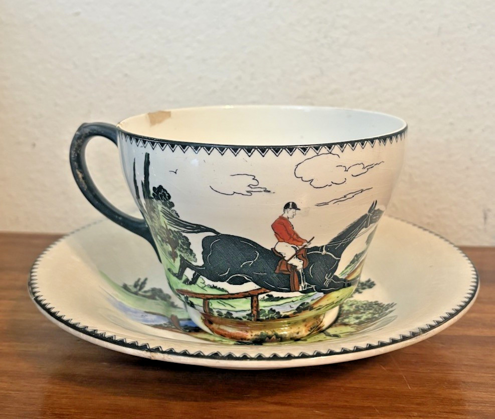Antique MALING England Jumbo Cup & Saucer Pottery Set #5141 - HUNTSMAN