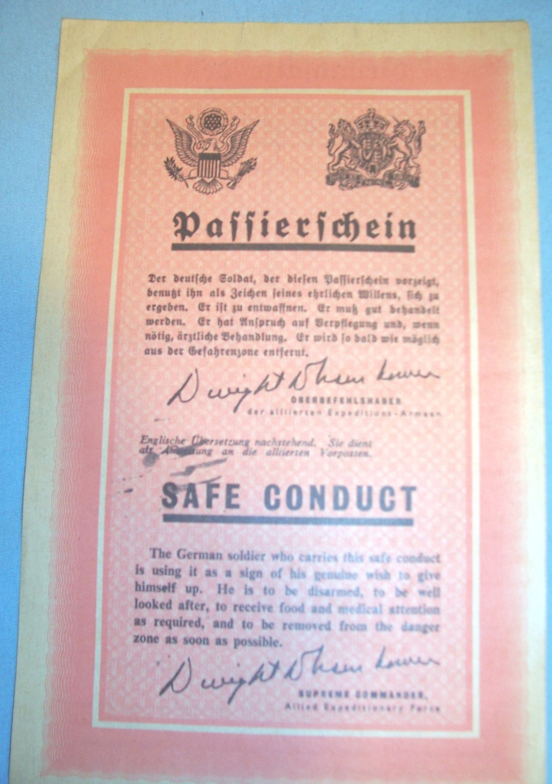 WWII Psychological Warfare German Wehrmacht SAFE CONDUCT Surrender POW Leaflet 