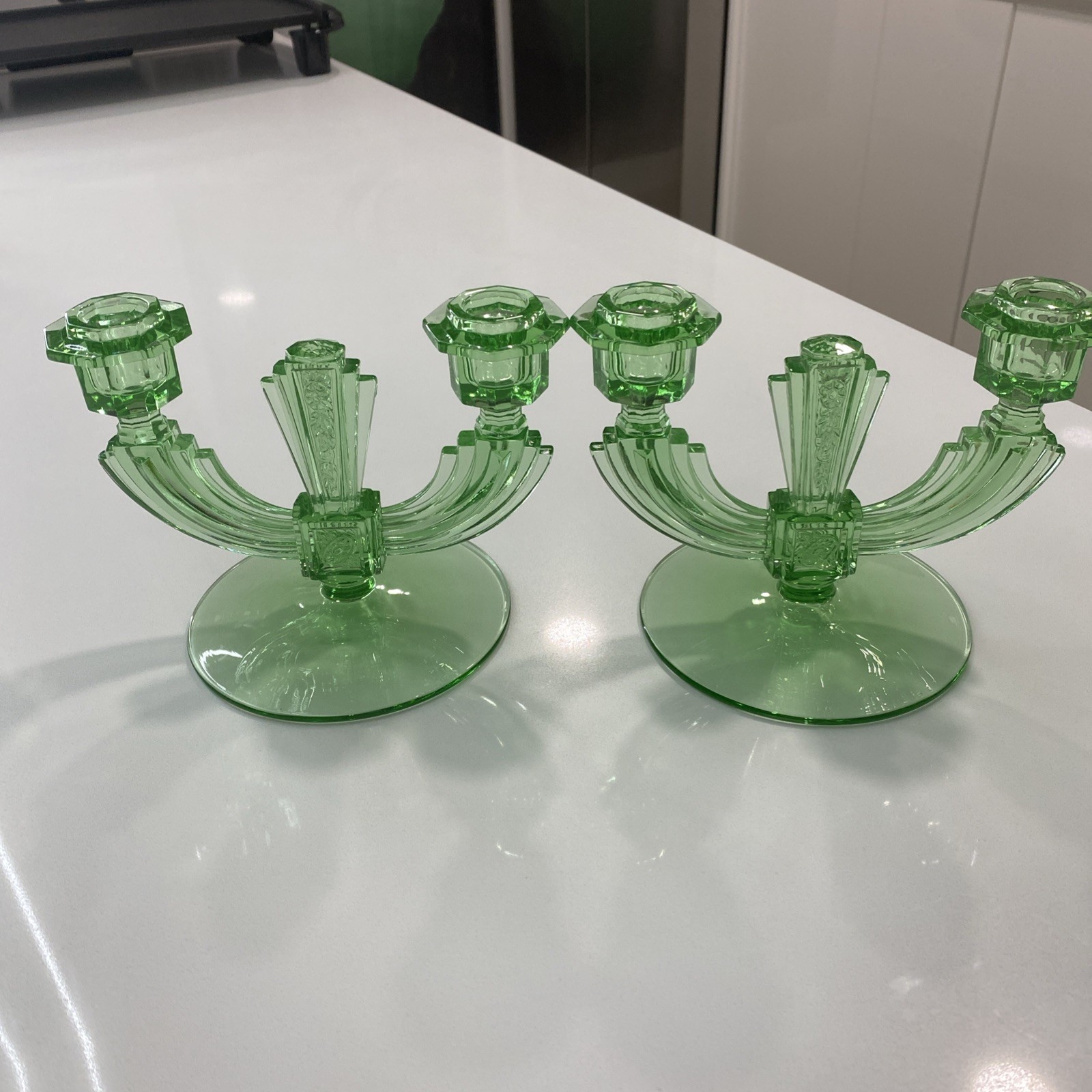 Rare Tiffin candelabra,uranium,set Of 2 , mint condition,great glow,HTF