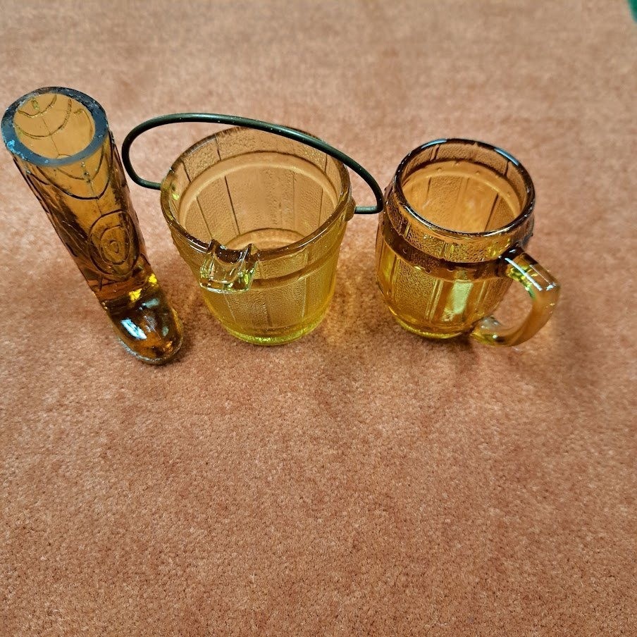 Vintage Amber Glass Miniature Set Cowboy Boot Barrel Mug Bucket Novelty 3 Piece Vintage Amber Glass Miniature Set Cowboy Boot Barrel Mug Bucket Novelty 3 Piece