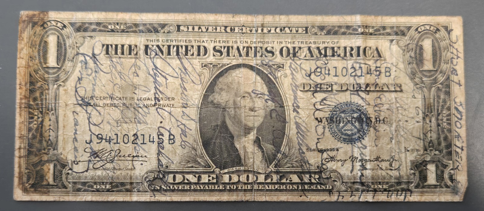 WWII SHORT SNORTER 1935A Silver Certificate - $1 Note with Lots of Signatures