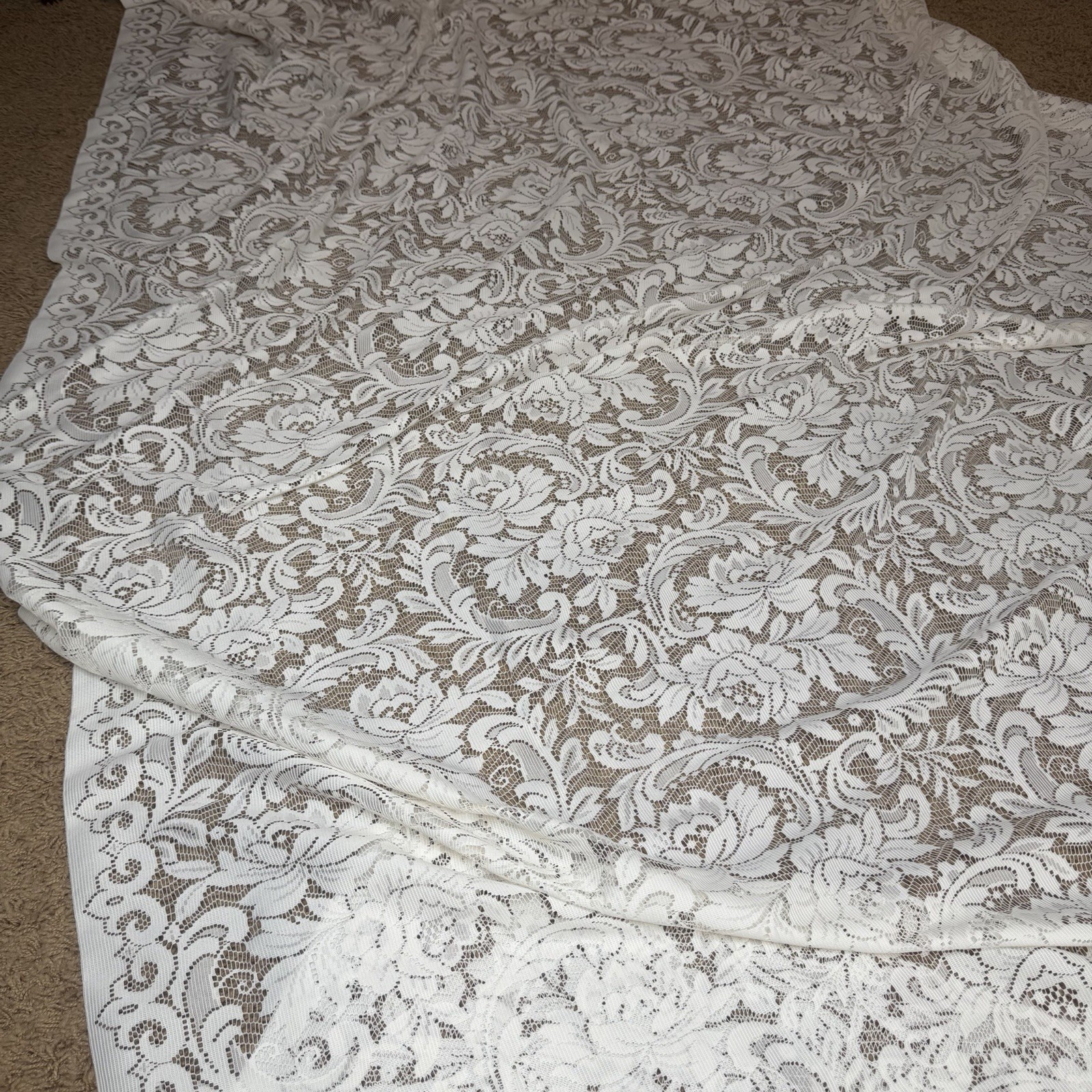 VTG 70s Sheer Large Lace Tablecloth Cream Floral Cottage Grandma Core Elegant