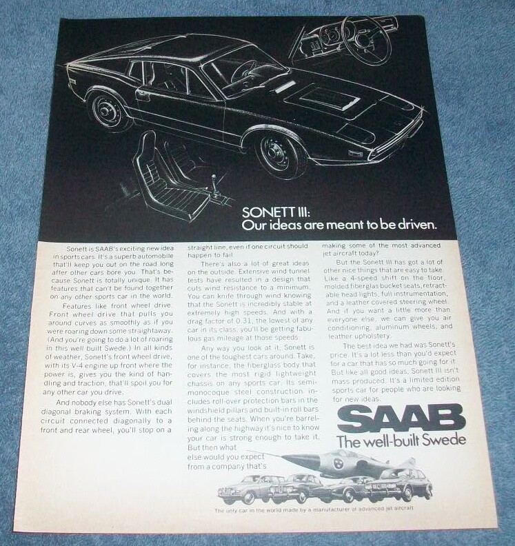 1970 Saab Sonett III Vintage Ad \