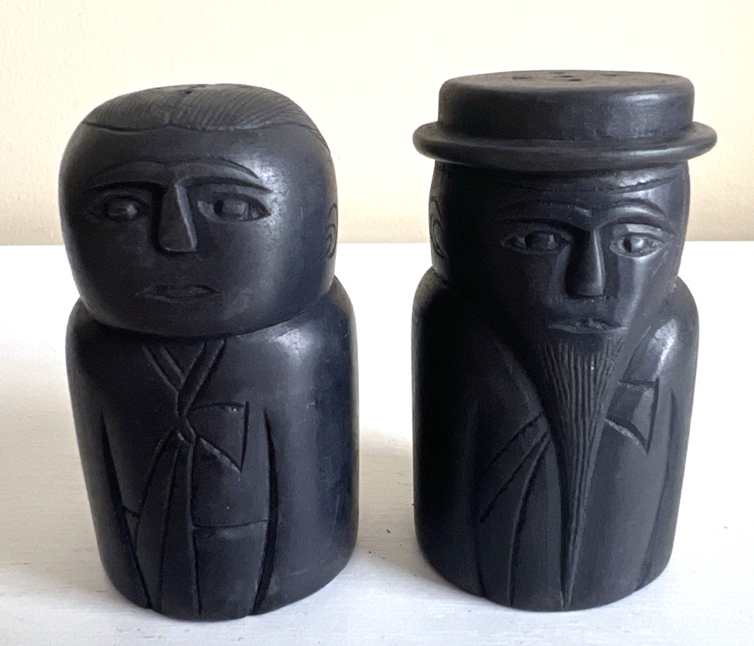 Vintage Oriental Korean Heavy Ebonized Carved Salt And Pepper Shaker Set