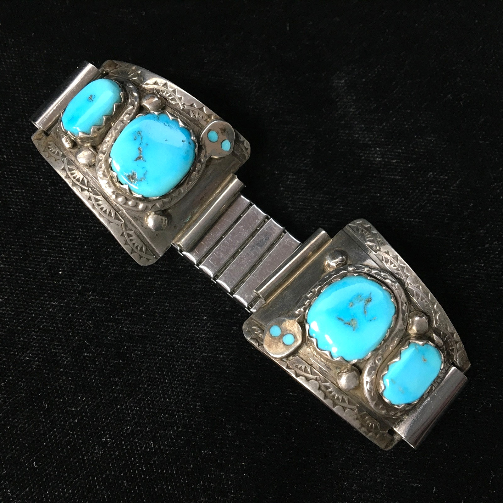 Vintage Zuni Effie C. Sterling Silver Turquoise Snake Eyes Watch Tips Band