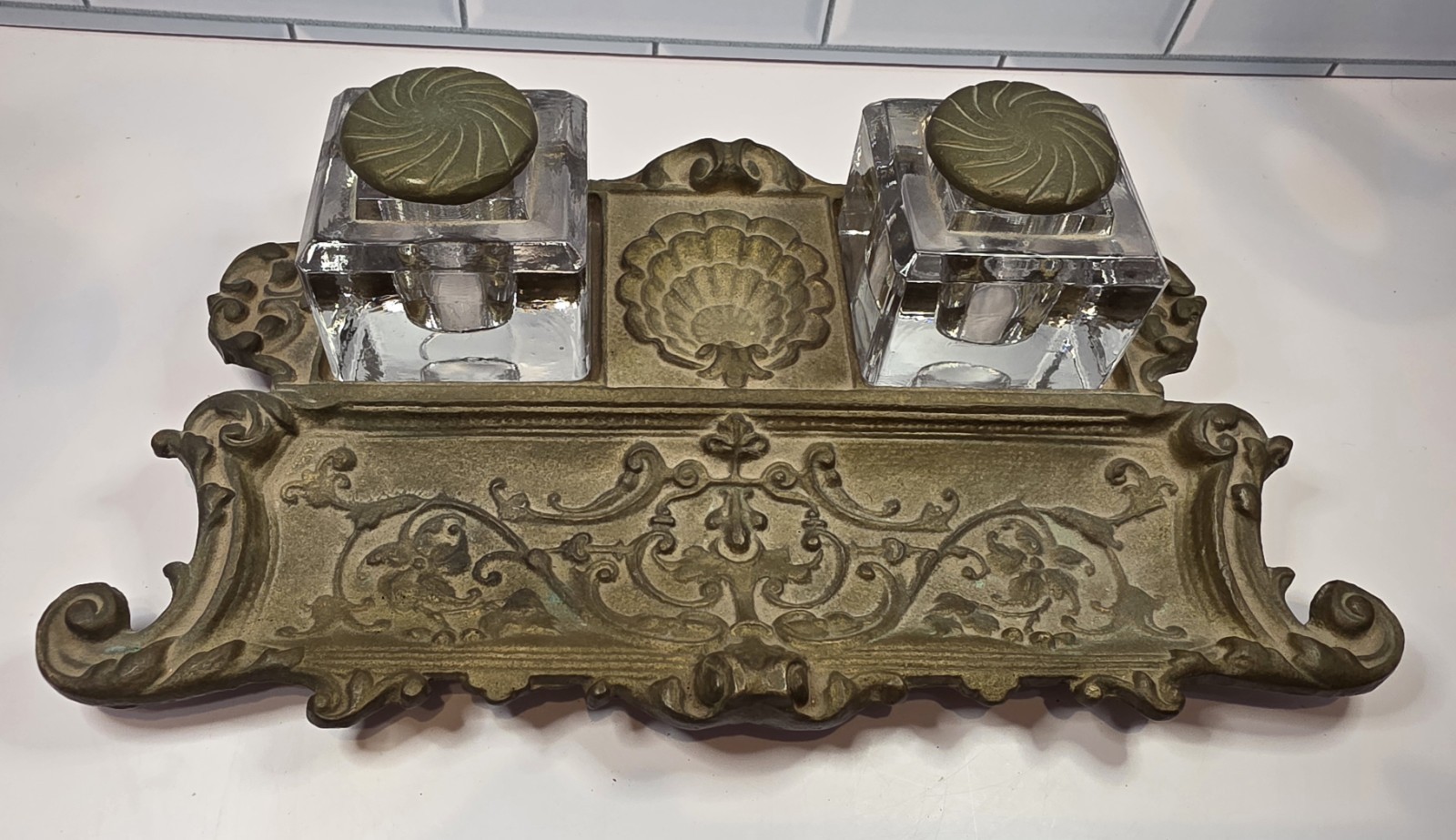 Vintage Antique 19C Art Deco Brass Crystal Cut Inkwell Desk Accessory Old