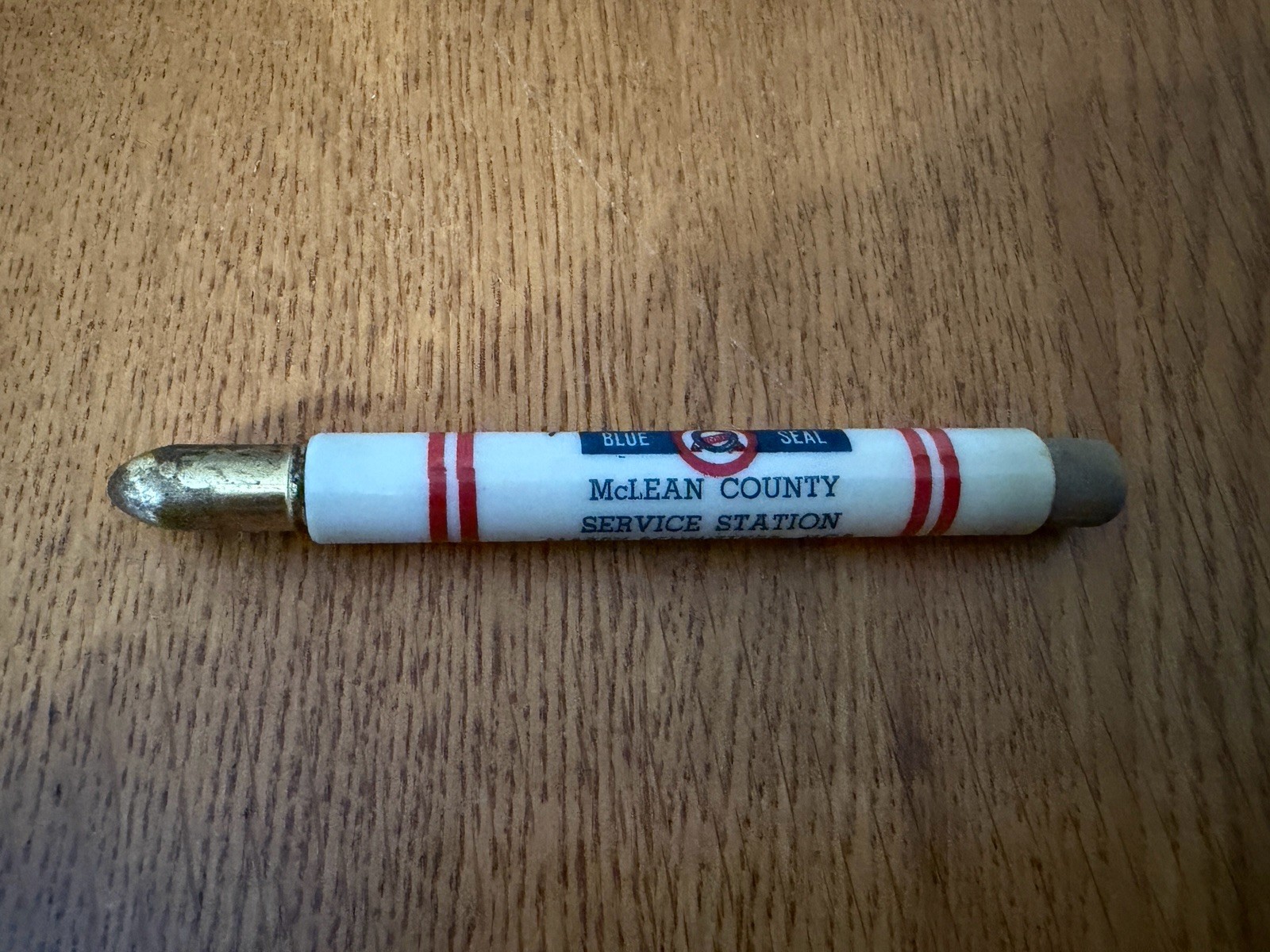 VTG MCLEAN COUNTY SERVICE STATION BLUE SEAL AD BULLET PENCIL HARRY SCHNITTKER