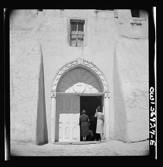 Photo:Adobe Church Entrance 1930s Pueblo Adobe Building Women