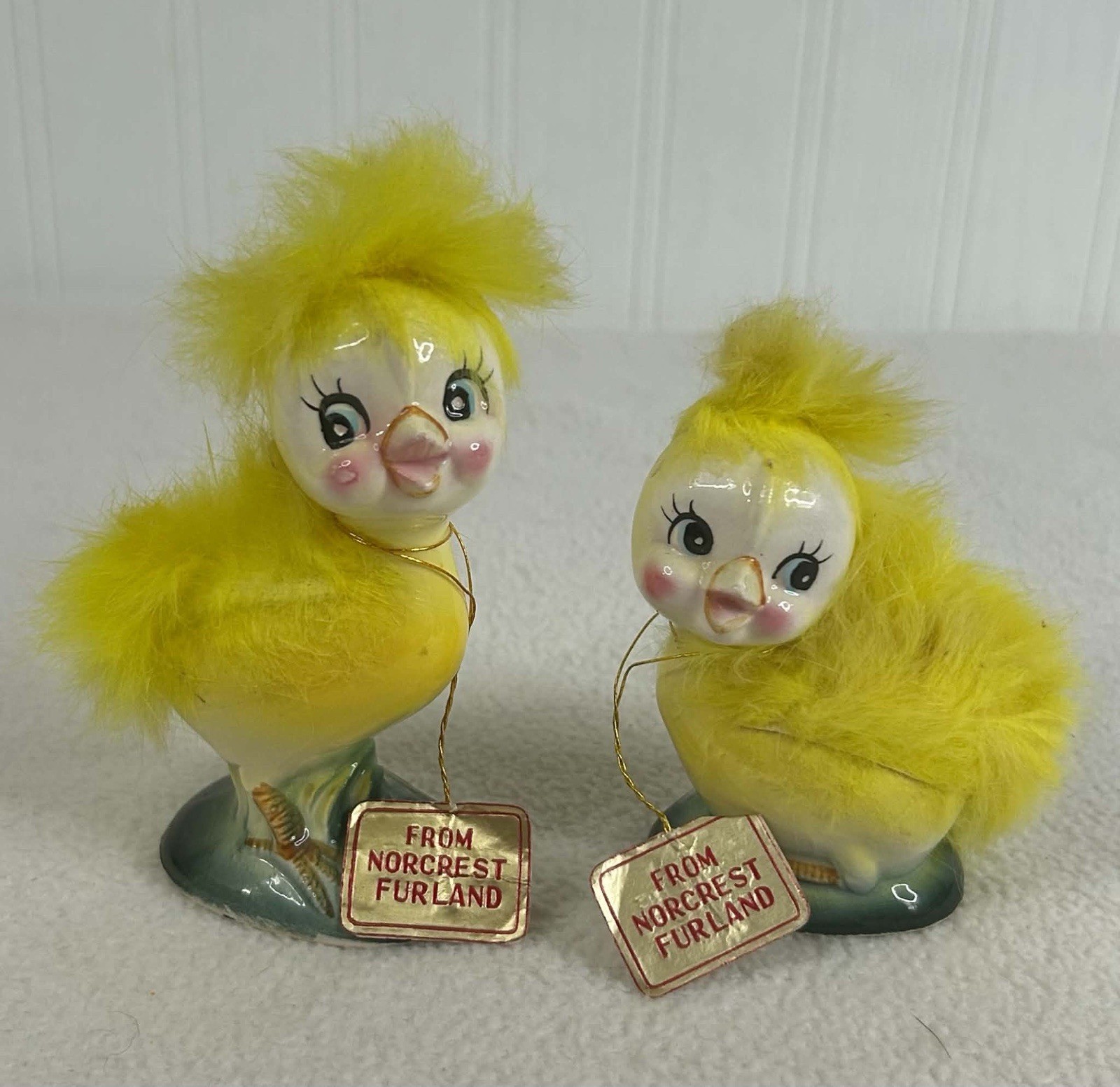 Vintage Norcrest Furland Fuzzy Easter Chicks Pair Japan Mid Century W/ Hang Tags