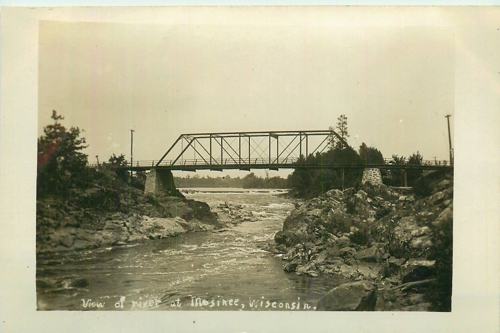 c1910 View of River and Bridge at Mosinee, Wisconsin - Vintage RPPC Postcard