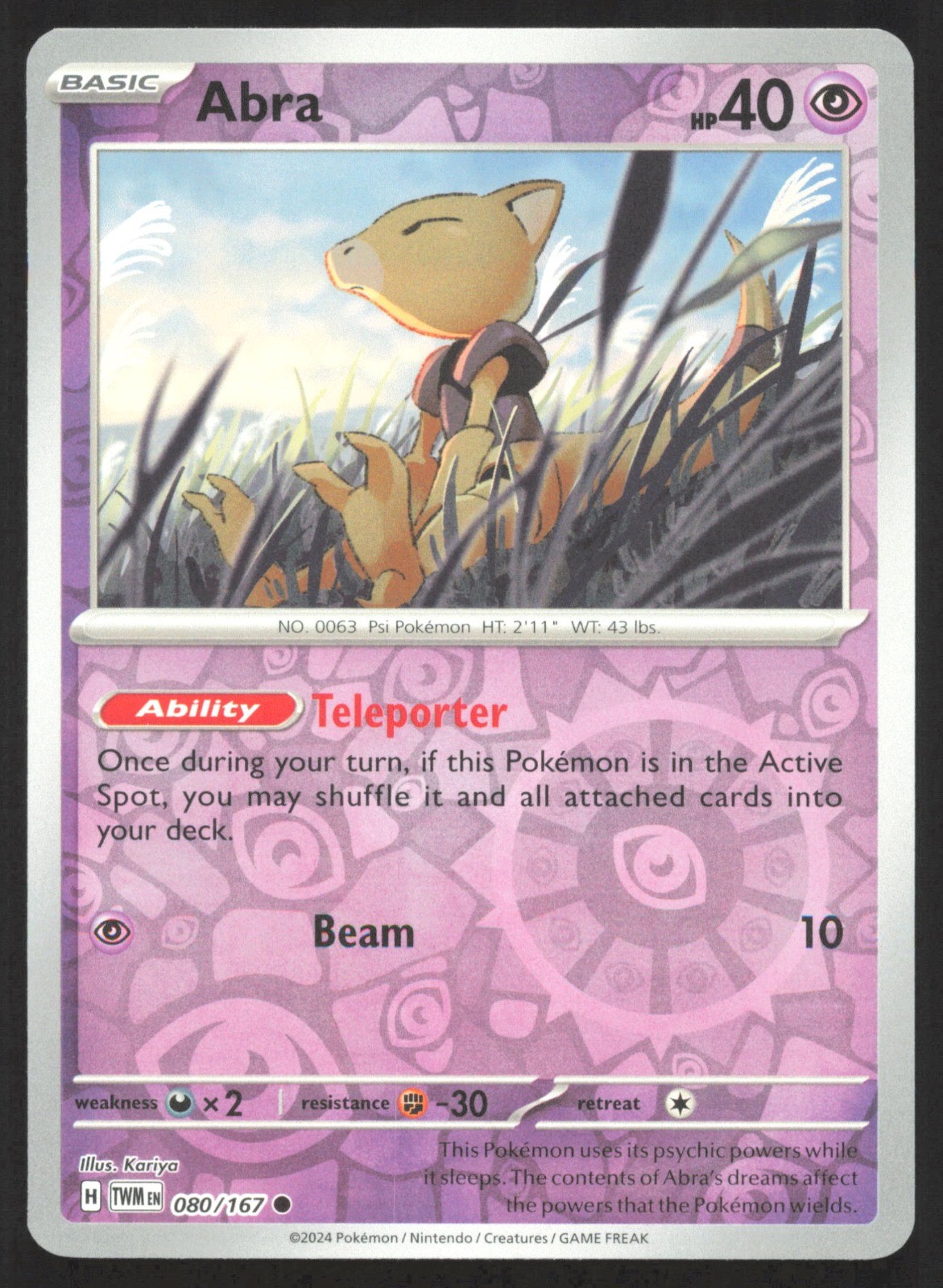Abra Reverse Holo Common SV06: Twilight Masquerade 080/167 NM Kariya