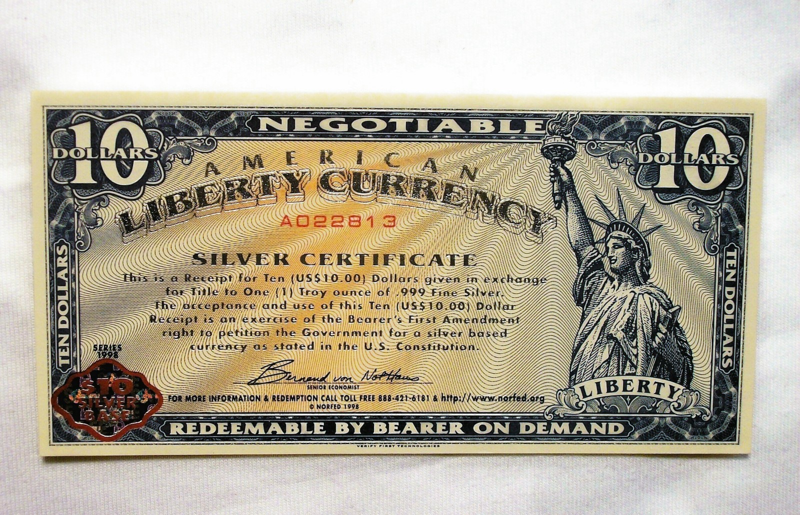 NORFED - 1998 Series - American Liberty Currency $10 Silver Certificate