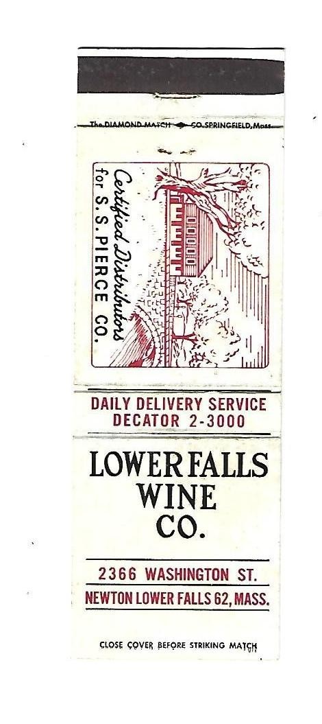 Lower Falls Wine Co. - Newton Lower Falls, MASS.  Matchcover    S.S. Pierce Co.
