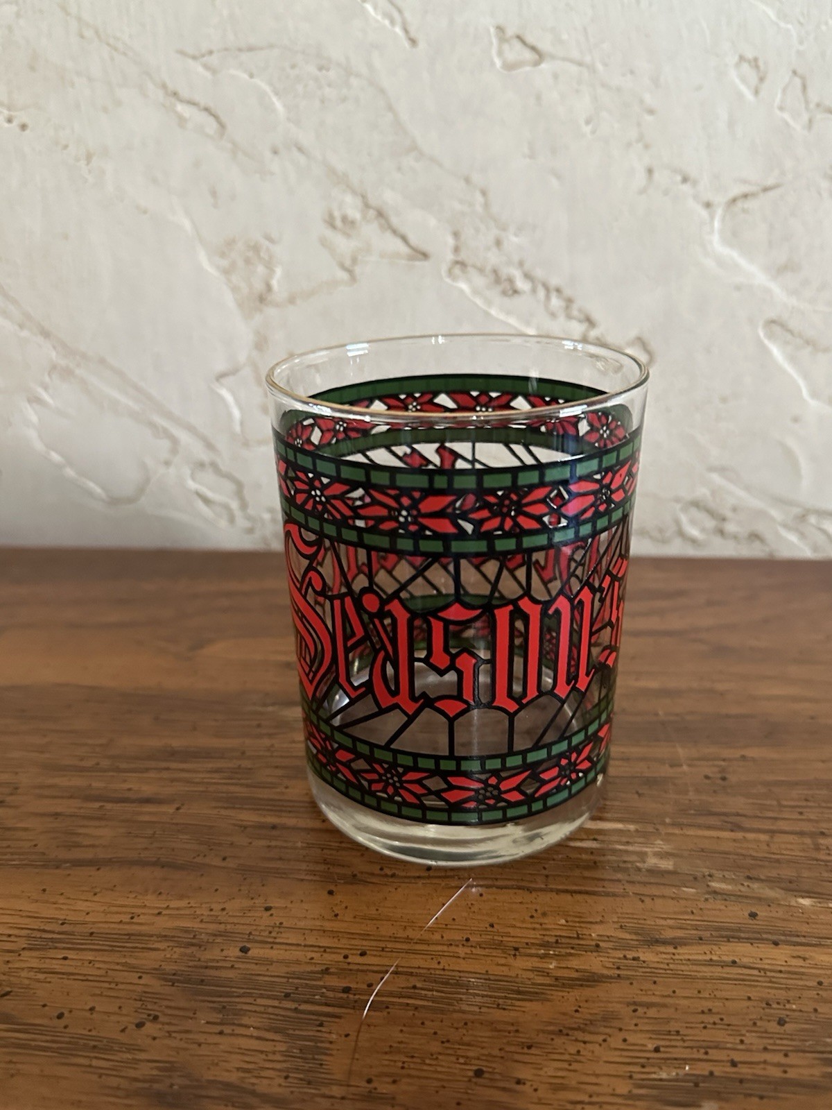 Vintage Houze Season’s Greetings Red/Green Tumbler Stained Glass Poinsettia