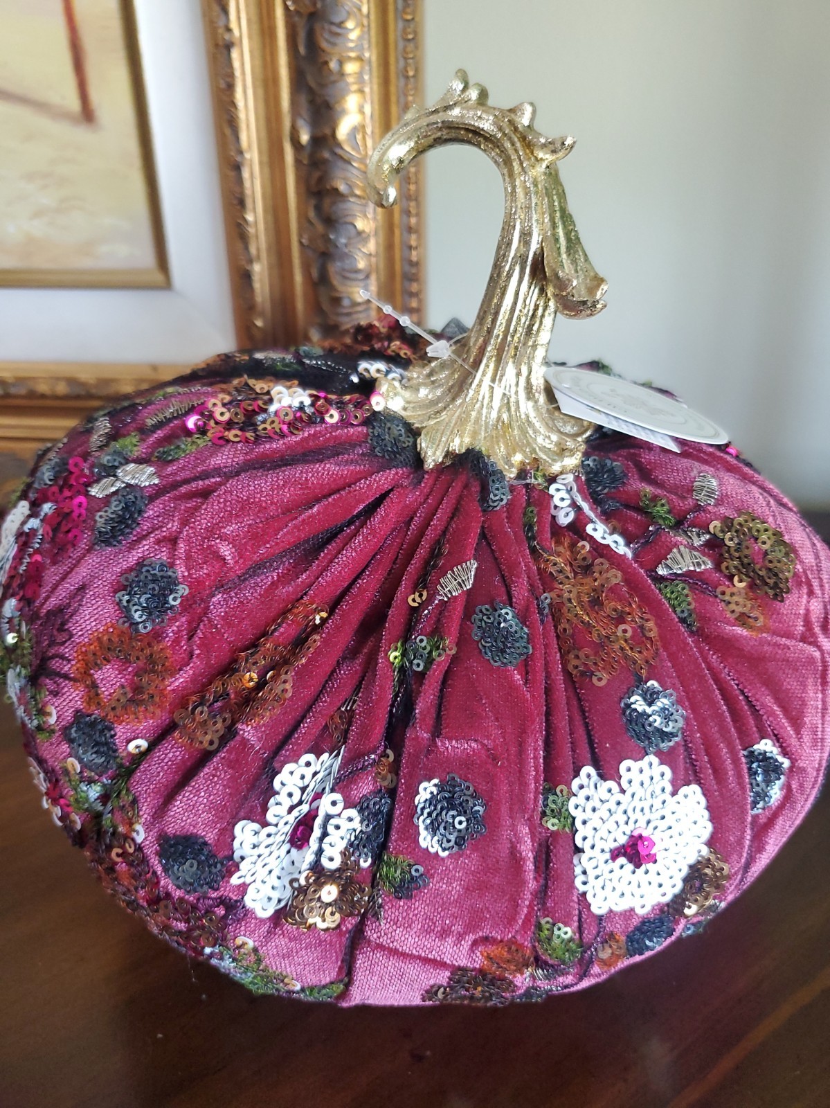 Halloween Gothic Fall Velvet Pumpkin Sequins Mesh Mantel Decor Gilded Maple Rare