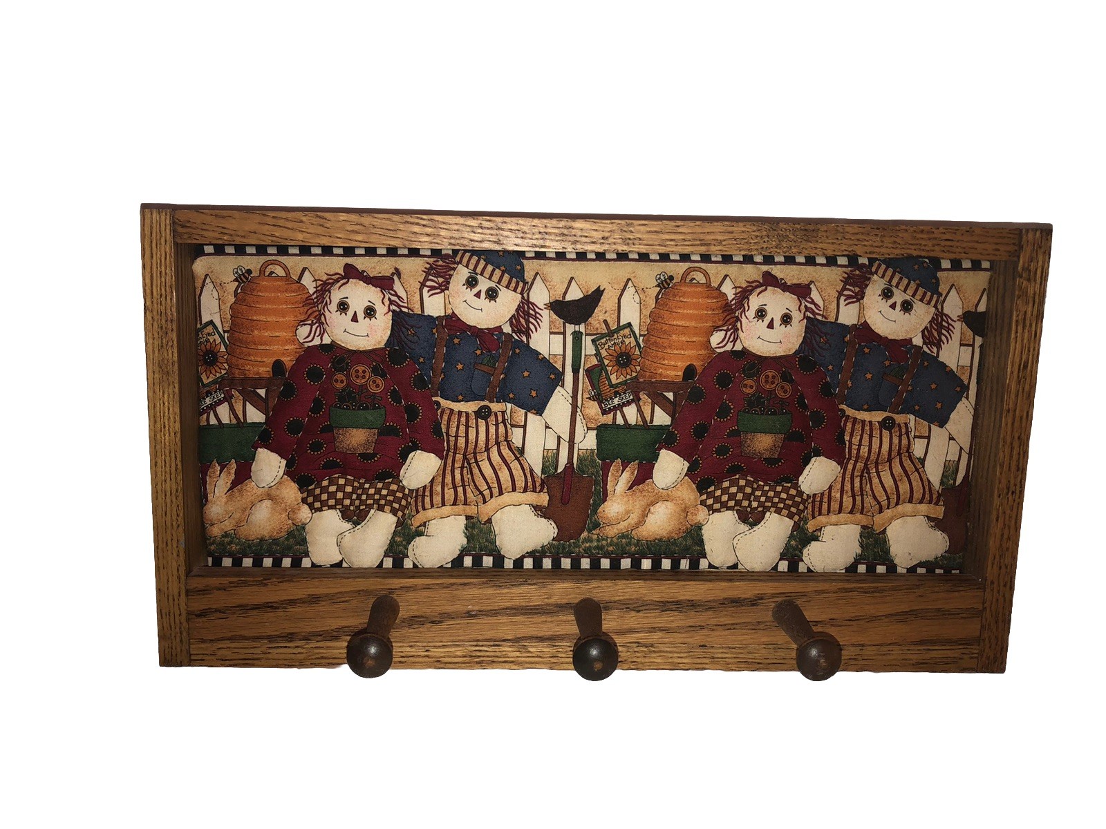 Adorable Vintage Wood Wooden Hanging Hooks Fun Raggedy Ann Andy Wall Coat rack 
