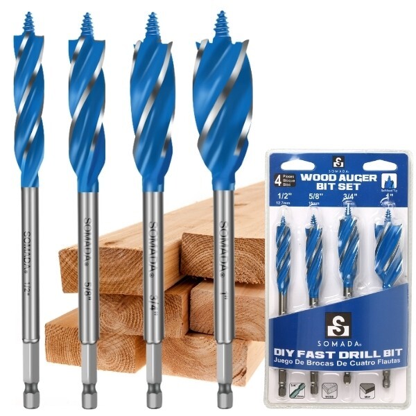 Wood Auger Drill Bit Set 4-Piece 1/2 5/8 3/4 1 Inch Hex Shank Woodworking Kit