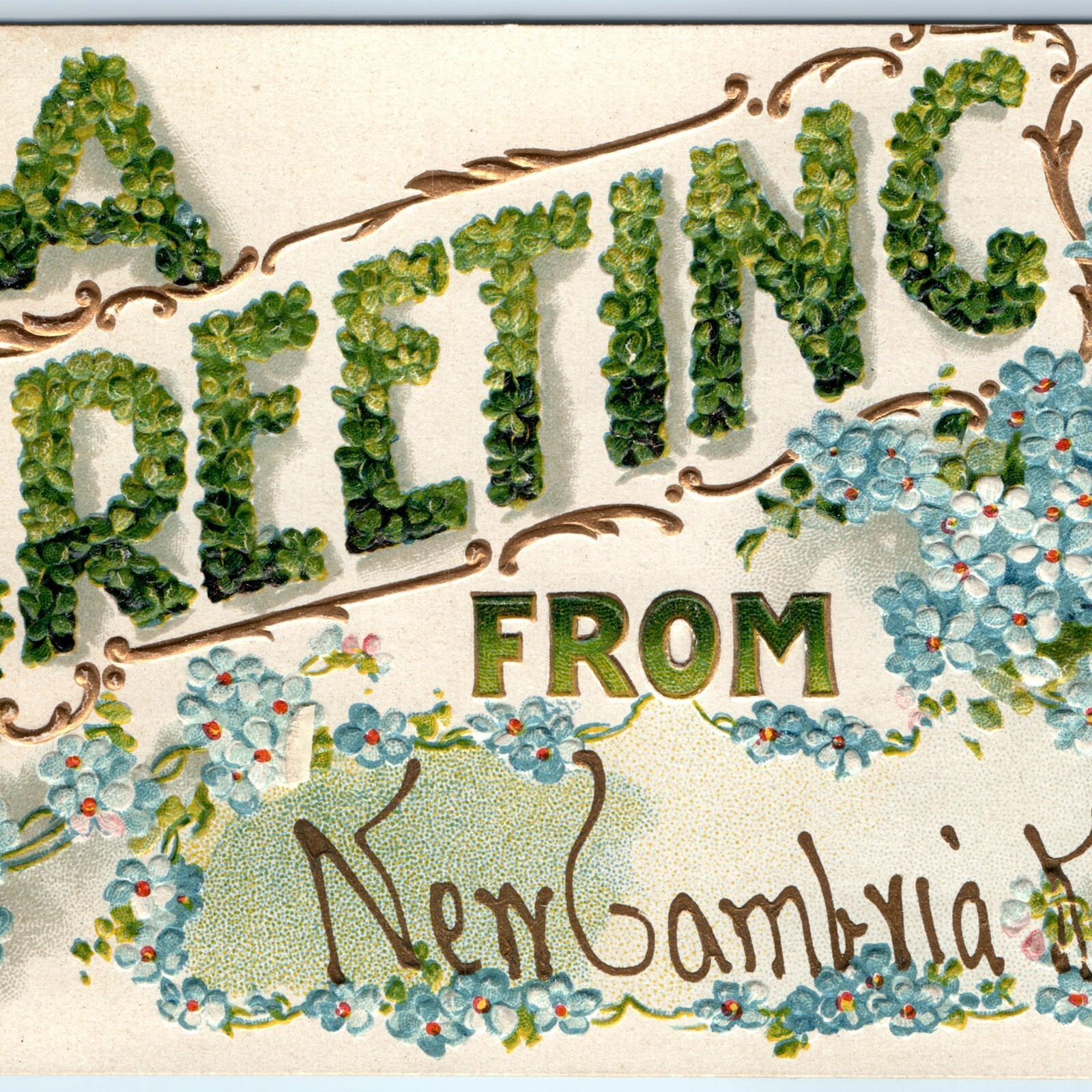 c1910s New Cambria, KS Greeting Postcard Embossed Forget-Me-Not Flowers Gilt c1910s New Cambria, KS Greeting Postcard Embossed Forget-Me-Not Flowers Gilt