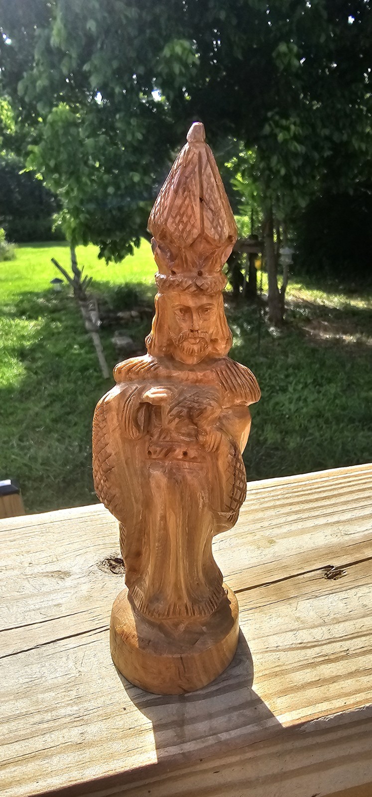 Vintage Bethlehem Olive Wood Religious Figurine Hand Carved Bishop Wise Man