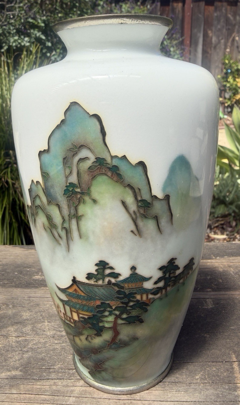 Vintage Creamy White Japanese Cloisonné Enamel Landscape Vase