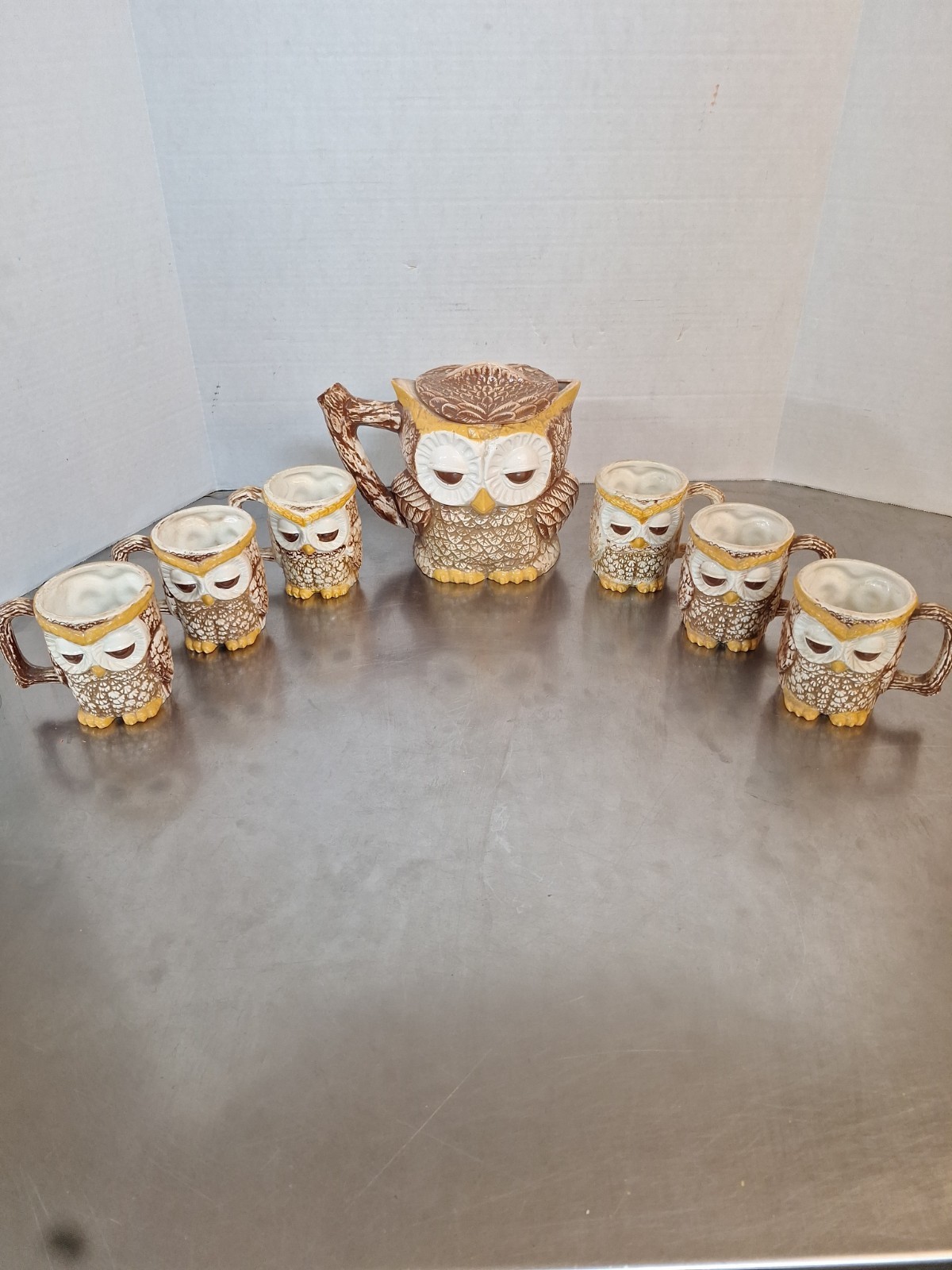 Vintage 1981 Sittre Ceramic Owl Coffee Tea Set Canister & Mugs 8pc