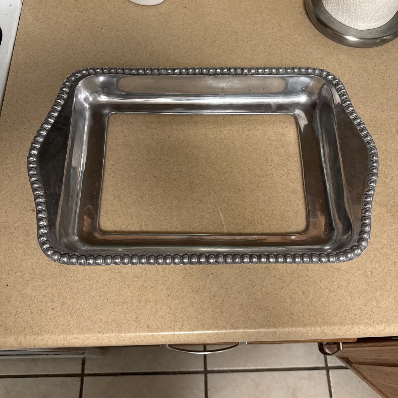 VTG Aluminum/pewter Casserole Dish Holder Footed Beaded Rectangle Holder 14x10