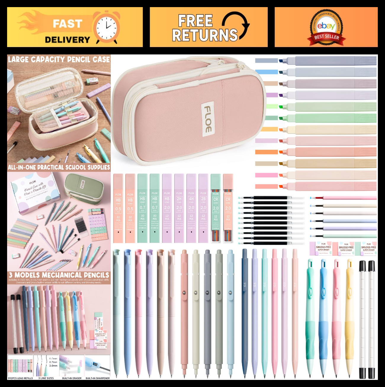 65PCS Aesthetic School Supplies Set - Cute Pencil Case, Pastel Highlighters, Gel