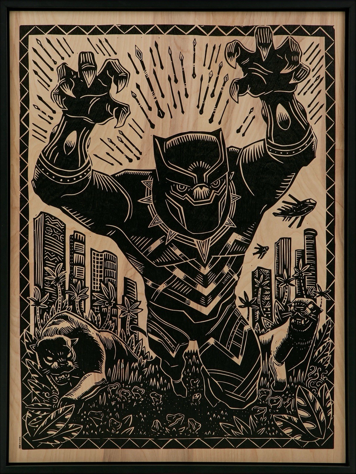 Black Panther Framed Print on Wood Attack Peter Sideshow