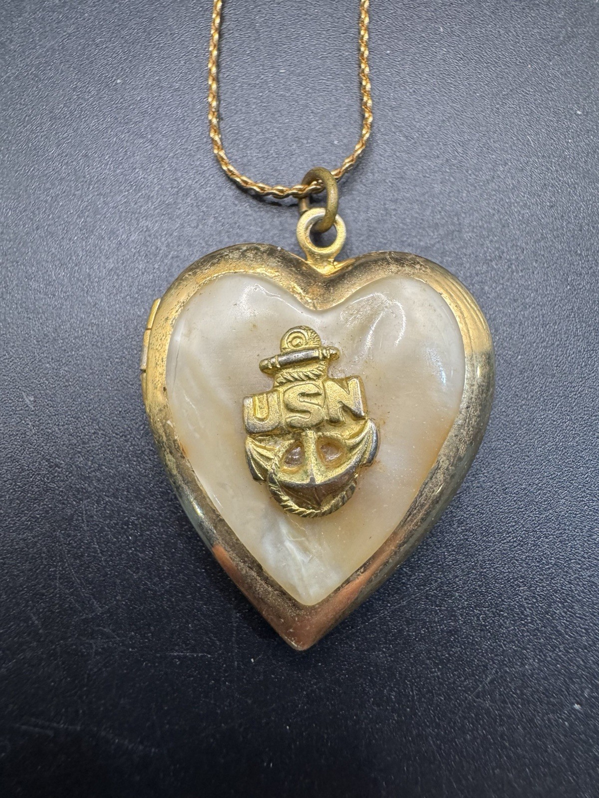 VTG WWII USN Sweetheart Locket Necklace Mother of Pearl Heart Gold Tone US Navy