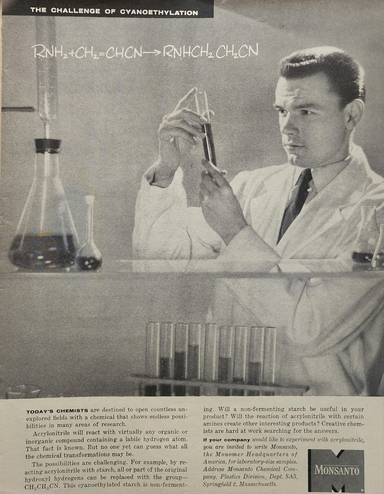 Monsanto Picture Magazine Ad Vtg Original Decor Chemist Chemistry Tubes